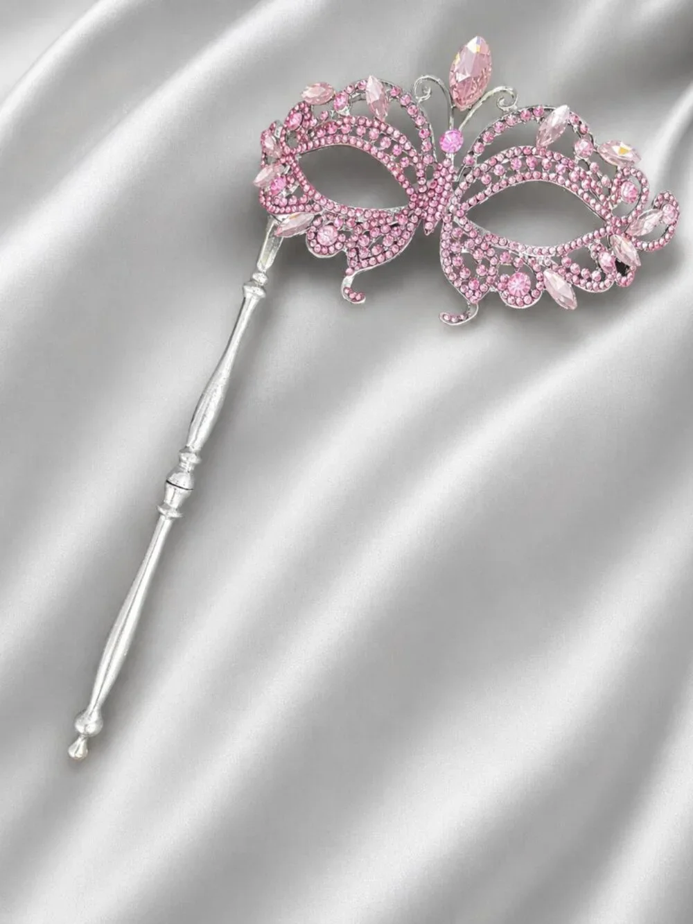 Pink Crystal Masquerade Mask with Silver Stick,Wedding Photo Prop, Prom Mask